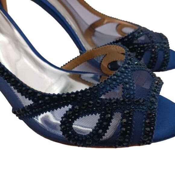 NEW Badgley Mischka Marla Blue Satin Beaded‎ Embellished Heels Size 8.5 - Picture 4 of 14